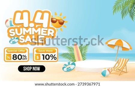 Vector illustration of 4.4 Summer Sale banner with a white product podium on beach sand. Tropical vacation theme with surfboard, umbrella, and sun for April shopping festival promotion.