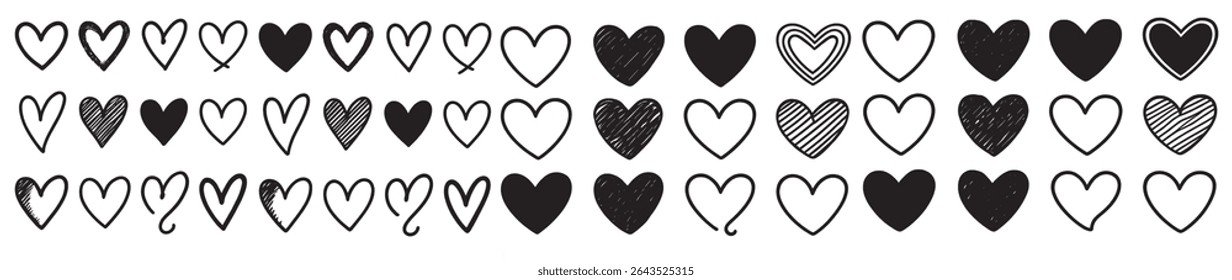 Vector illustration of 45 unique hand-drawn heart icons in black and white. Each heart varies in outline, fill, and sketch style. Playful and minimal design on transparent background. 