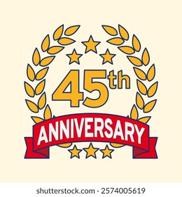 Vector illustration of 45th or 45 years anniversary logo featuring a laurel wreath, stars, and ribbon. Perfect for marking milestones, achievements, special events with an elegant and timeless design