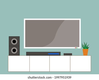 Ilustración vectorial de 4k LED TV en una pared con mesa de madera. La sala de estar de la casa presenta un diseño interior moderno. Copiar plantilla de espacio.