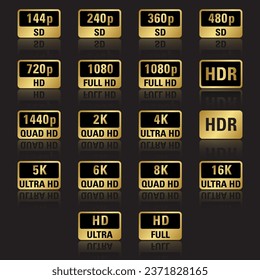 Ilustración vectorial 4K, UHD, Quad HD, Full HD, HD, HDR y SD de resolución con nombres de placas de color de gradiente dorado sobre fondo negro.