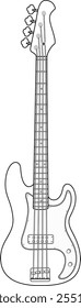 A vector illustration of a 4-string bass guitar in an outline style, showcasing the instrument's sleek and detailed design