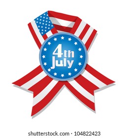 Vector illustration for 4th of July Day. Badge and ribbon with flag of United States of America against white background.