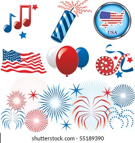 Vector Illustration for the 4th of July Independence. Set of Icons and Buttons.