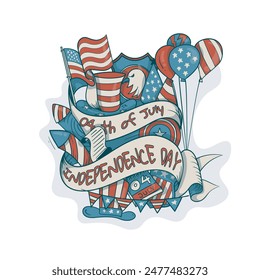Vector Illustration of the 4th of July in red and blue vibrant with eagles, flags, and fireworks, embodying the spirit of Independence Day. Design Template for American Independence Day