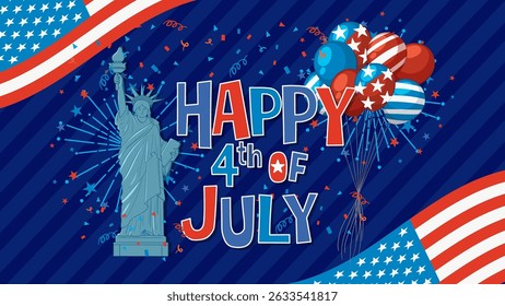 Vector illustration of 4th of July theme with Statue of Liberty, balloons, and fireworks in vibrant colors
