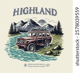 Vector Illustration 4x4 vintage offroad car adventure touring road trip mountain nature. Retro apparel design outdoor living