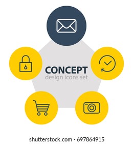 Vector Illustration Of 5 App Icons. Editable Pack Of Shopping, Past, Photo Apparatus And Other Elements.