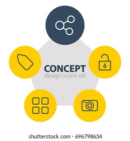 Vector Illustration Of 5 Application Icons. Editable Pack Of Label, Cube, Share And Other Elements.