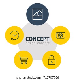 Vector Illustration Of 5 Application Icons. Editable Pack Of Picture, Closed, Shopping And Other Elements.