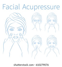 Vector illustration: 5 blue hand drawn european woman faces with instructions for facial acupressure isolated on white background