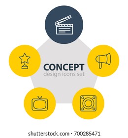 Vector Illustration Of 5 Cinema Icons. Editable Pack Of Megaphone, Tv, Reward And Other Elements.