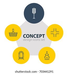 Vector Illustration Of 5 City Icons. Editable Pack Of Semaphore, Basket, Building And Other Elements.