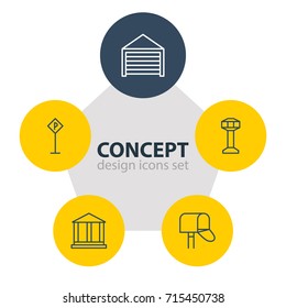Vector Illustration Of 5 City Icons. Editable Pack Of Road Sign, Mail Box, Parking And Other Elements.