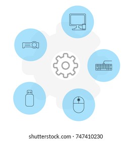 Vector Illustration Of 5 Computer Icons. Editable Pack Of Presentation, Flash Drive, Phone Near Computer And Other Elements.