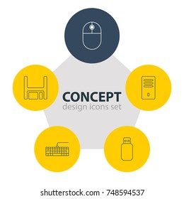 Vector Illustration Of 5 Computer Icons. Editable Pack Of Diskette, Mainframe, Qwerty Board And Other Elements.