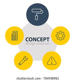 Vector Illustration Of 5 Construction Icons. Editable Pack Of Apartment, Cogwheel, Spanner And Other Elements.