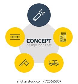 Vector Illustration Of 5 Construction Icons. Editable Pack Of Lorry, Spanner, Apartment And Other Elements.