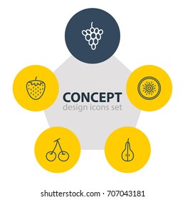 Vector Illustration Of 5 Dessert Icons. Editable Pack Of Berry, Vineyard, Morello And Other Elements.