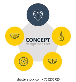 Vector Illustration Of 5 Dessert Icons. Editable Pack Of Orange, Melon Slice, Duchess And Other Elements.