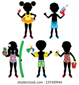 Vector Illustration of 5 different summer kids dressed for beach or pool.