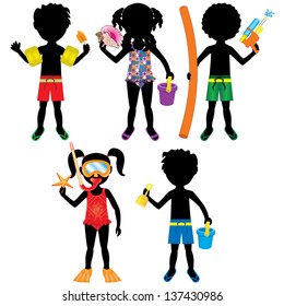 Vector Illustration of 5 different summer kids dressed for beach or pool.