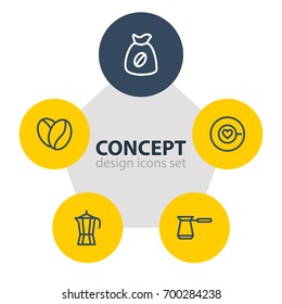 Vector Illustration Of 5 Drink Icons. Editable Pack Of Coffeemaker, Seed, Bag And Other Elements.