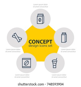 Vector Illustration Of 5 Drink Icons. Editable Pack Of Cocktail, Package, Paper Box And Other Elements.