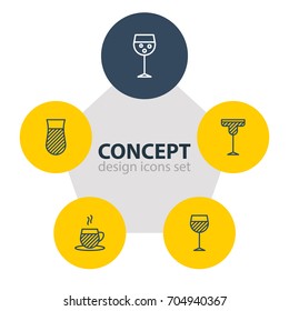 Vector Illustration Of 5 Drinks Icons. Editable Pack Of Glass, Cocktail, Wineglass And Other Elements.