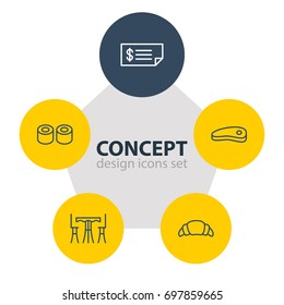 Vector Illustration Of 5 Eating Icons. Editable Pack Of Japanese Roll, Table, Bacon And Other Elements.