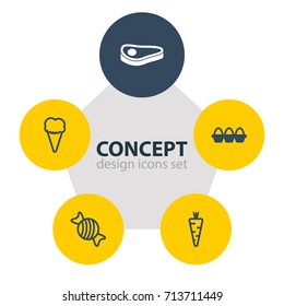 Vector Illustration Of 5 Eating Icons. Editable Pack Of Beefsteak, Container, Sundae And Other Elements.