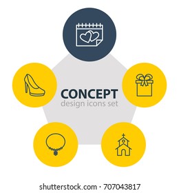 Vector Illustration Of 5 Engagement Icons. Editable Pack Of Jewelry, Building, Present And Other Elements.