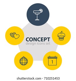 Vector Illustration Of 5 Feast Icons. Editable Pack Of Martini, Muffin, Date Block And Other Elements.