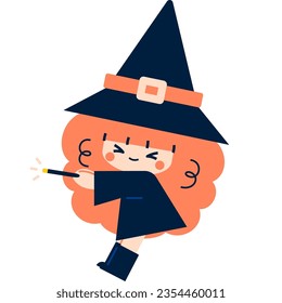 Vector illustration in 5 flat colors style. A cute cartoon witch is ready for Halloween. She wears a black dress and a pointy hat. She is casting a spell with a magic wand. The witch smiles.