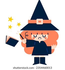Vector illustration in 5 flat colors style. A cute cartoon witch is ready for Halloween. She is casting a spell with a magic wand, making the magic book fly, and creating a star effect.