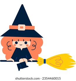 Vector illustration in 5 flat colors style. A cute cartoon witch is ready for Halloween. She is wearing a black dress and a pointy hat. She is riding on a broomstick. The witch smiles.