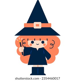 Vector illustration in 5 flat colors style. A cute cartoon witch is ready for Halloween. She wears a black dress and a pointy hat. She holds a magic wand in her hand. The witch smiles.