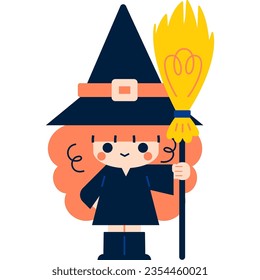 Vector illustration in 5 flat colors style. A cute cartoon witch is ready for Halloween. She wears a black dress and a pointy hat. She holds a broomstick in her hand. The witch smiles.