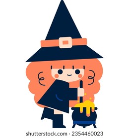 Vector illustration in 5 flat colors style. A cute cartoon witch is ready for Halloween. She wears a black dress and a pointy hat. She is stirring pot brew poison