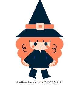 Vector illustration in 5 flat colors style. A cute cartoon witch is ready for Halloween and walks in her black dress and pointy hat. The witch smiles.