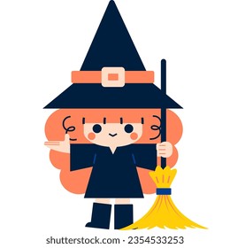 Vector illustration in 5 flat colors style. A cute cartoon witch is ready for Halloween. She holds a broomstick in her hand and raises her right hand in a gesture. The witch smiles.