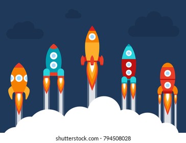 Vector Illustration: 5 Flat Icons With Variclolred Rocket Ships
 Isolated On Dark Blue Background With Clouds. Project Start Up And Development Process. Innovation Product And Management