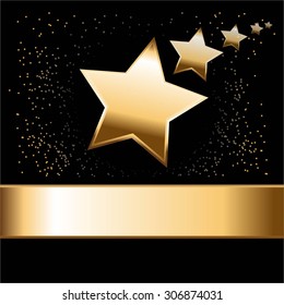 Vector illustration of 5 flying gold stars and gold ribbon on a black background with sparkles.