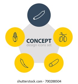 Vector Illustration Of 5 Food Icons. Editable Pack Of Maize, Paprika, Mediterranean And Other Elements.