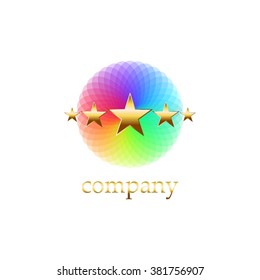 Vector illustration of 5 gold stars. Abstract multicolor ball. Text.