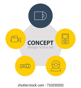 Vector Illustration Of 5 Hardware Icons. Editable Pack Of Media Controller, Dvd Drive, Camcorder And Other Elements.