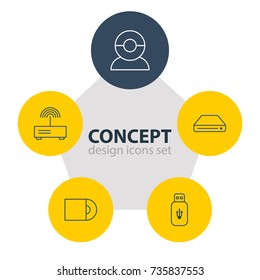 Vector Illustration Of 5 Hardware Icons. Editable Pack Of Memory Storage, Modem, Usb Card And Other Elements.