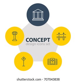Vector Illustration Of 5  Icons. Editable Pack Of Courthouse, Road Sign, Clinic And Other Elements.