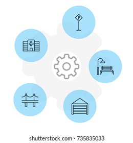 Vector Illustration Of 5  Icons. Editable Pack Of Bench, Road Sign, Clinic And Other Elements.
