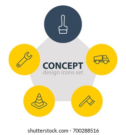 Vector Illustration Of 5 Industry Icons. Editable Pack Of Paintbrush, Spanner, Hatchet And Other Elements.